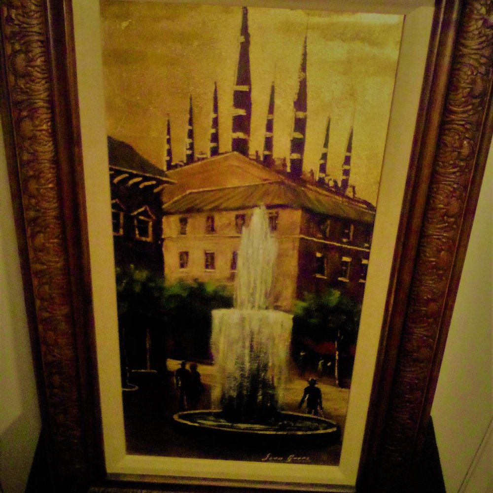 Oil Painting Signed by Artist Juan Care's, "Town Square with Center Fountain"